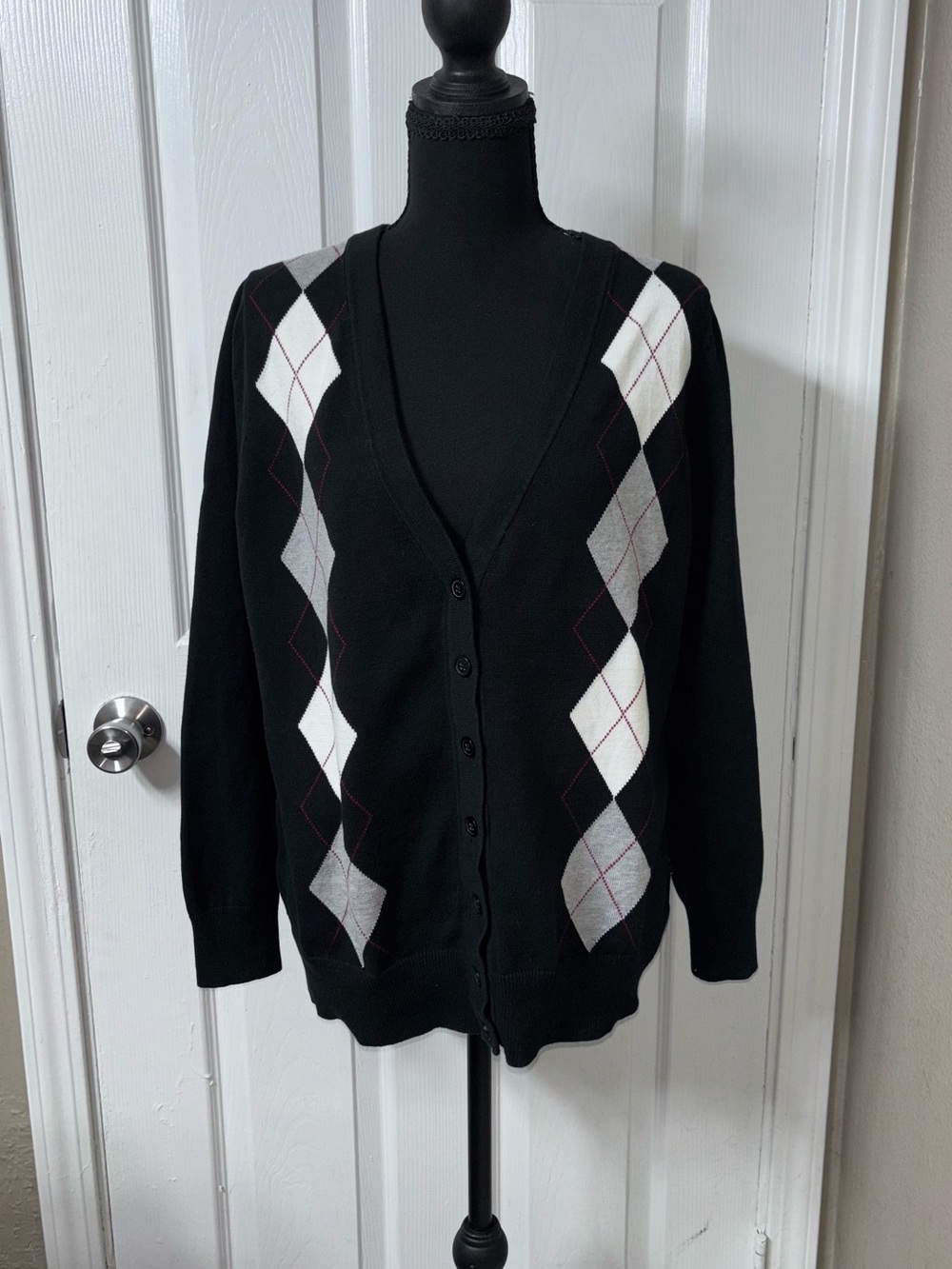 Merona Black Argyle Button Front Cardigan with White and Gray Diamonds